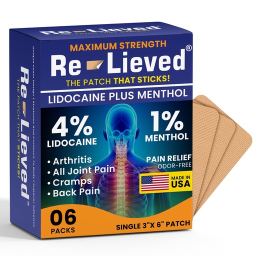 [BRSWYBD5C4MRA3DF] Re-lieved 4% Lidocaine Patches with Menthol - Maximum Strength Pain Relief for Back, Knee & Muscle Pain - Fast-Acting Medicated Patches - Made in USA - 6 Count