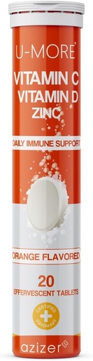 [BRSRMAIBO5YBQ3DV] U-MORE Vitamin C 1000mg & Zinc + Vitamin D, 20 Effervescent Tablets, Orange Flavor, Immune Support Supplement, Fast Dissolving, Boosts Immune System, Supports Healthy Skin, Hair, and Nails