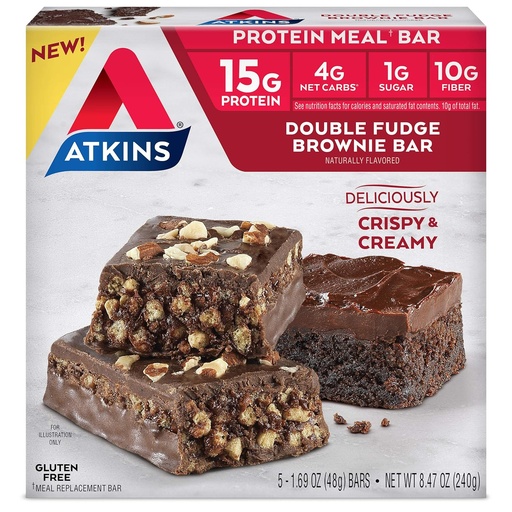 [BRSWYCYFBNYBEYA4] Atkins Double Fudge Brownie Protein Meal Bar, High Fiber, 15g Protein, 1g Sugar, 4g Net Carb, Meal Replacement, Keto Friendly