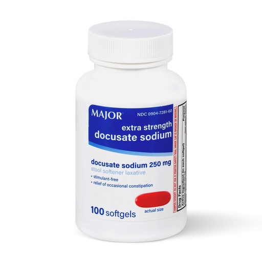 [BRSROFD2PMMBO23O] MAJOR Docusate Sodium 250 mg, Extra Strength Stool Softener Laxative for Occasional Constipation Relief – Stimulant‑Free, 100 Softgels (1 Pack)