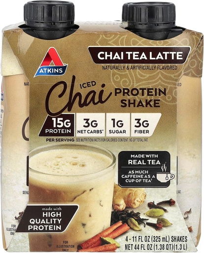 [BRSRMHYDOQBBOETZ] Atkins Iced Chai Tea Latte Protein-Rich Shake, Keto Friendly and Gluten Free. (4 Shakes)