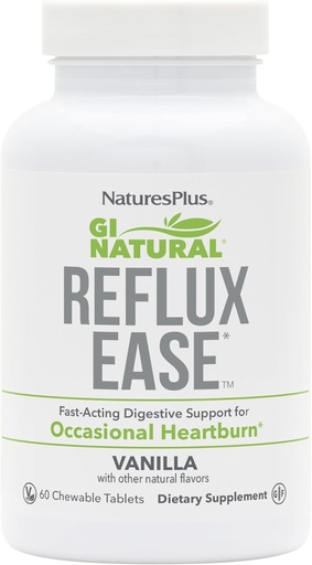 [BRSROATQDEMAECLZ] Natures Plus GI Natural Reflux Ease, Vanilla - 60 Chewable Tablets - Fast-Acting Digestive Support - Vegetarian, Gluten Free - 60 Servings