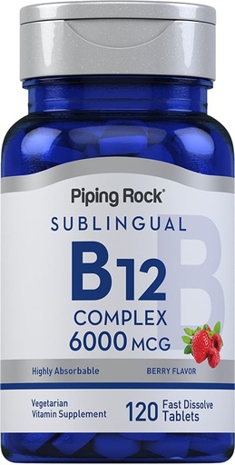 [BRSWYZTYDEIQAH3D] Piping Rock Sublingual B12 Complex 6000 mcg | 120 Fast Dissolve Tablets | Berry Flavor | Vegetarisch, Non-GMO & Gluten Kostenlos