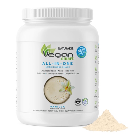 [BRSWIEI6B4EGC33C] Vegansmart Naturade All-in-One Plant-Based Shake – Low Sugar Nutrition with Protein, Fiber, Vitamins & Minerals, Supports Balanced Energy & Wellness, Vanilla, Vegan - 22.75 oz