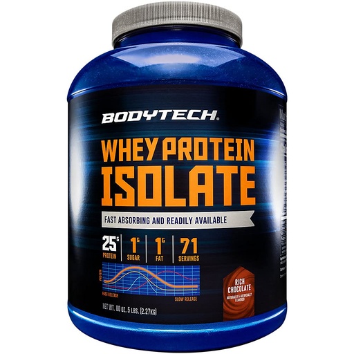 [BRSWGZQDAUPQY2TA] BodyTech Whey Protein Isolate Powder, Rich Chocolate Flavor, 25g Protein per Serving, High Concentrated Protein Powder with Amino Acids & BCAAs for Men and Women, Gluten Free, 5 lb, 71 Servings