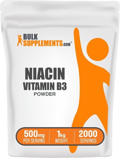 [BRSWIAY5OYCBAAL2] BulkSupplements.com Niacin Powder - Vitamina B3 Supliment, Niacin 500mg - Niacin Flush, Niacin cu Flushing - Gluten Free, 500mg Niacin per Serving, 5kg (11 lbs) (Pachet de 5)