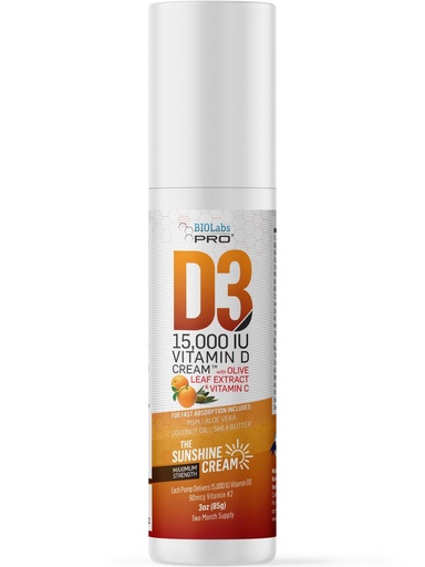 [BRSWGZLRC4NRM3I7] BIOLABS PRO All Natural Vitamin D3 15000IU Vitamin D Cream - Maximum Strength - Fight Vitamin D Deficiency Naturally - with Vitamin K2 & Olive Leaf Extract - Safe & Effective (15,000IU - 3.0oz)