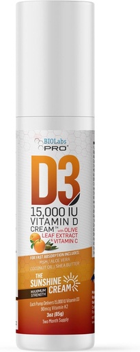 [BRSWGZLRC4NRM3I7] BIOLABS PRO Visi dabas vitamīns D3 15000IU D vitamīna krēms - maksimālais spēks - Cīņa D vitamīna deficīts Protams - ar vitamīnu K2 & Olive Leaf Extract - Drošs un efektīvs (15,000IU - 3.0oz)