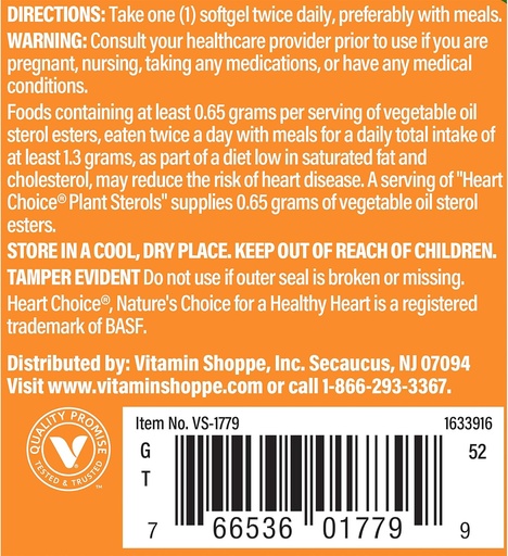 [BRSRMFI3OIBWMFDD] La Vitamina Shoppe Heart Choice® Plant Sterols, soporta la salud cardiovascular & colesterol, 1 suministros de servicio .65 Gramos de esteres de aceite vegetal (60 Softgels)