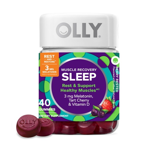 [BRSW2YAFBN6WEET3] OLLY Muscle Recovery Sleep Gummies, Sleep and Sore Muscle Support, 3mg Melatonin, Tart Cherry, Vitamin D, Berry Flavor - 40 Count