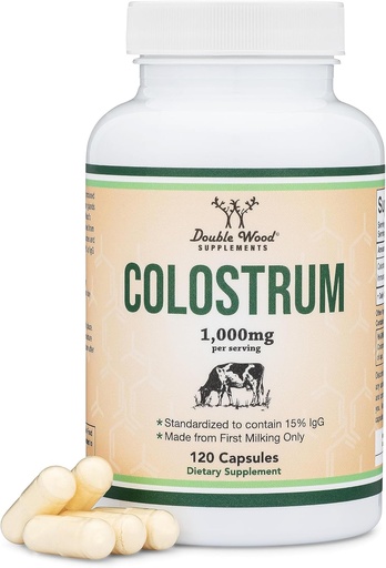 [BRSROEIFCJ7Q4FDO] Colostrum supplement 120 Capsules, 1,000mg per Serving (Bovine Colostrum Powder from First Milking Only, Std to Contain 15% IgG Immunoglobulins) No Fillers, Third Party Tested by Double Wood
