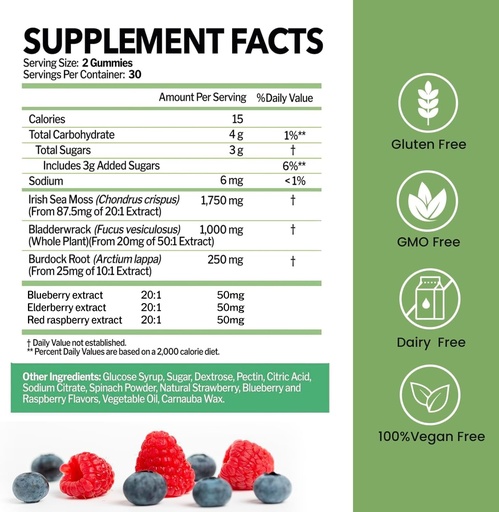 [BRSRAGLQA4JRQCTF] Sea Moss Gummies with Bladderwrack and Burdock Root | Wildcrafted Irish Sea Moss for Immune, Thyroid Support | 100% Vegan Dietary Supplements | Non-GMO, Gluten-Free, Dairy-Free | 60 Gummies