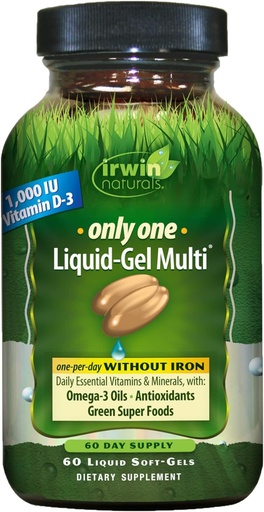 [BRSWIEIDAYHBSC3G] Irwin Naturals only one liquid-Gel Multi - 60 Liquid Softgels - Žiadne železo denne Essential Vitamíny, Minerály, Antioxidanty, Omega-3 & Green Super Foods