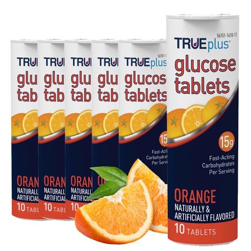 [BRSWYY35CAPR6EYZ] TRUEplus Glucose Tablets, Chewable, Orange Flavor, 15g Fast-Acting Carbohydrates, Fat Free, Gluten Free, Boost Energy, 10 Count, 6 Tubes