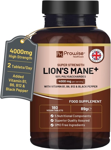 [BRSRA2YNAEFRYGTO] Lions Mane Mushroom Supplement 4000mg with Vitamin B1, B6, B12 & Black Pepper - 180 Super Strength Vegan Tablets with 50% Polysaccharides (Not Powder or Capsules) | Made in The UK by Prowise