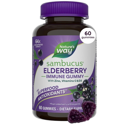 [BRSWIHYDOQPRQ2DC] Nature's Way Sambucus Elderberry Gummies, Immune Support Gummy for Adults & Kids Ages 4+ with Black Elderberry Extract, Vitamin C, Vitamin D3, and Zinc*, 60 Gummies