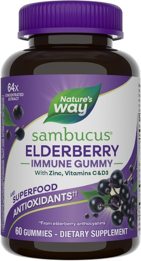 [BRSWIHYDOQPRQ2DC] Nature's Way Sambucus Elderberry Immune Support Ummies for Kids & Yetişkin * Black Elderberry özü, Vitamin C, Vitamin D3, və sink, 60 Gummies (Paket May Vary)