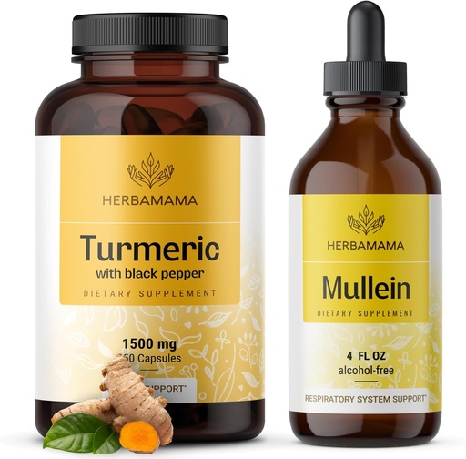 [BRSRAGA5O56WOYI6] HERBAMAMA Turmeric and Mullein Leaf Kit - Bundle of 1500 mg Turmeric Curcumin Capsules & Mullein Leaf Extract Tincture - Vegan, Non GMO, Sugar & Alcohol-Free - 2 Pack