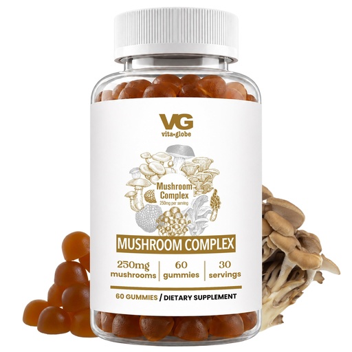 [BRSW2A35B54GE3DL] VITA Globe Mushroom Complex Gummies with Reishi, Lions Mane Mushrooms, Chaga, Cordyceps & More, Mushroom Supplement for Immune Defense, Energy & Brain Function Support, 250mg, 60 Count (Pack of 1)