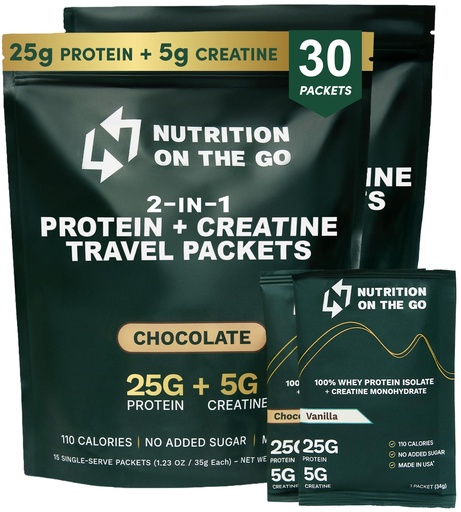 [BRSRAAYPOQMBGGTP] Nutrition On The Go Whey Protein Isolate Packets with Creatine – 25g Protein + 5g Creatine – Single-Serve Travel Protein Powder - Variety Pack (Vanilla & Chocolate) (30-Pack)