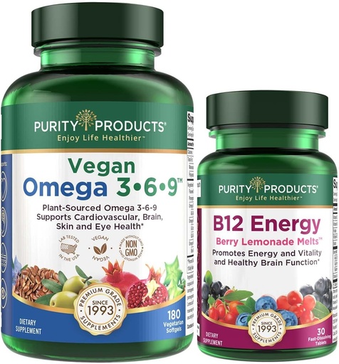[BRSRAYY7DMCA4DTO] Purity Products Bundle - Vegan Omega 3-6-9 (180 ct) + B-12 Energy Melt Omega 3-6-9 (“5 in 1” Plant-Based Omega 3 6 9 Essential Fatty Acids) - B12 Berry Melt (Methylcobalamin B12 + B6 + D3 + More)