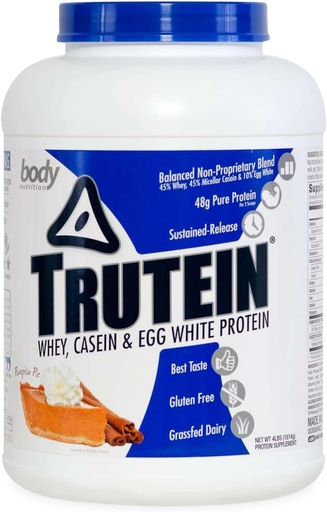 [BRSWIAD4DEDA4CQ3] Body Nutrition Trutein High Protein Powder: 45% Whey, 45% Casein, 10% Egg White, Gluten-Free, Low Sodium, Grass Fed Whey Protein Powder, Gym Supplement & Breakfast Shake, Pumpkin Pie, 4lb
