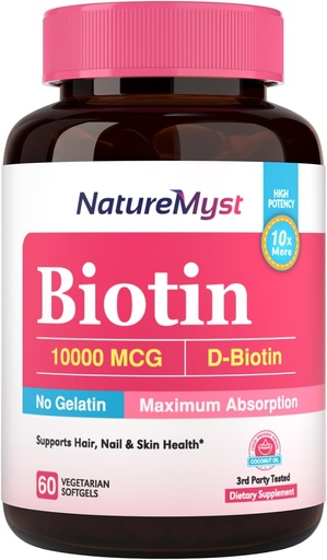 [BRSROEL4OZYQ4CAZ] Biotin 10000 mcg, High Potency, Biologically Active, Cold-Pressed Coconut Oil for Maximum Absorption, No Gelatin, Hair, Nails, Skin, 60 Vegetarian Softgels