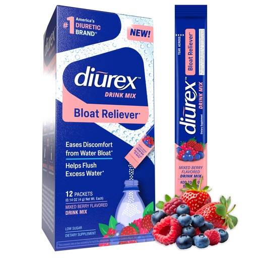 [BRSRAGL5OEDWADQZ] Diurex Drink Mix with Dandelion, Green Tea & ACV Extracts - Mixed Berry Flavor - Diuretic Supplement - Bloat Relief for Water Weight - 12 Single Serve Packets
