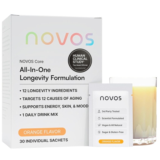 [BRSRAHYBBV6QMGYV] Novos Core - Clinically Studied Daily Longevity Supplement | 12 Active Ingredients for Healthy Aging, Energy, Cognition & Skin Health | Human Clinical Trial Backed | Orange Flavored | 30 Servings