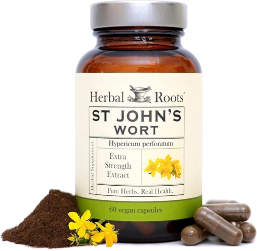 [BRSROZQEAANBQDTO] Herbal Erroak St Johns Wort kapsulak | 450 mg zerbitzatu bakoitzeko | St. John's Wort, Binders edo Fillers Non GMO | 60 Vegan kapsulak