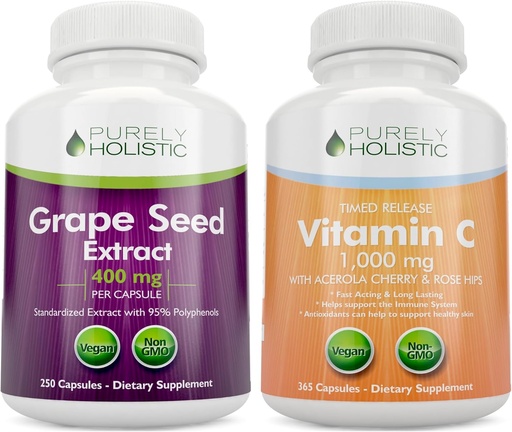 [BRSROFQOCV6BQE36] Purely Holistic Grape Seed Extract 400mg + Vitamin C 1000mg Time Release Bundle - 615 Vegan Capsules - Made in USA