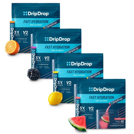 [BRSRMEDRPMIQEELD] DripDrop Hydration - Electrolyte Powder Packets - Watermelon, Berry, Lemon, Orange - Value Variety Bundle - 128 Count