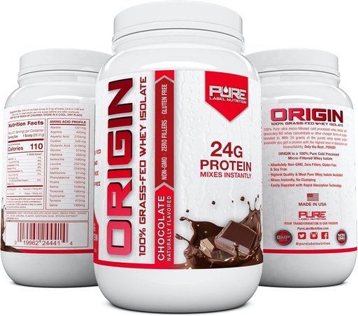 [BRSWKZYDCZ6AY2D4] Pure Label Nutrition 100% Grass-Fed, Chocolate Whey Isolate Protein Powder (24g) with Essential Amino Acids, for Pre and Post Workout Recovery & Muscle Building, Low Fat & Low Carbs - 2lbs