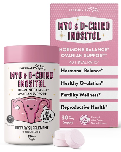 [BRSROBIKCIDRM2A4] Legendairy Milk Myo-Inositol & D-Chiro Inositol Supplement for Women, 40:1 Ratio, PCOS & Fertility Support, Hormone Balance, Sugar Free Vegan Chewable Tablets, Cherry Flavor, 30 Day Supply