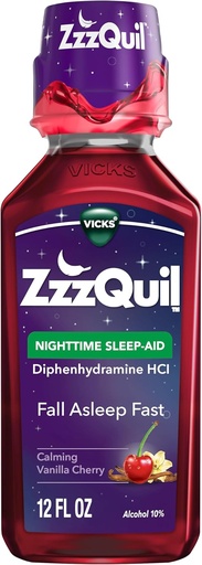 [BRSWKHYRAYCA2D3C] ZzzQuil, Nighttime Sleep Aid Liquid, 50 mg Diphenhydramine HCl, No.1 Sleep Aid Brand, Fall Asleep Fast, Non-Habit Forming, Calming Vanilla Cherry, 12 FL OZ