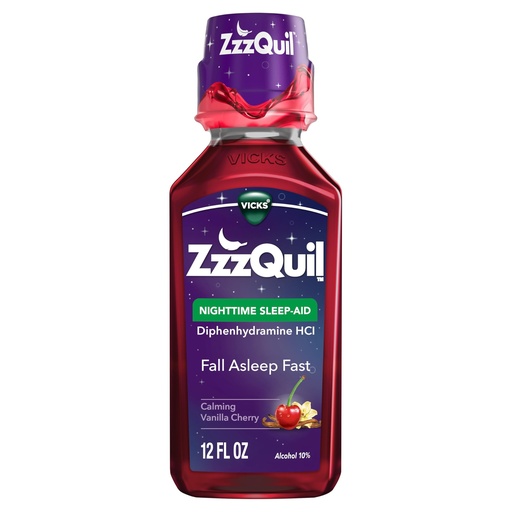 [BRSWKHYRAYCA2D3C] ZzzQuil, Nighttime Sleep Aid Liquid, 50 mg Diphenhydramine HCl, No.1 Sleep Aid Brand, Fall Asleep Fast, Non-Habit Forming, Calming Vanilla Cherry, 12 FL OZ
