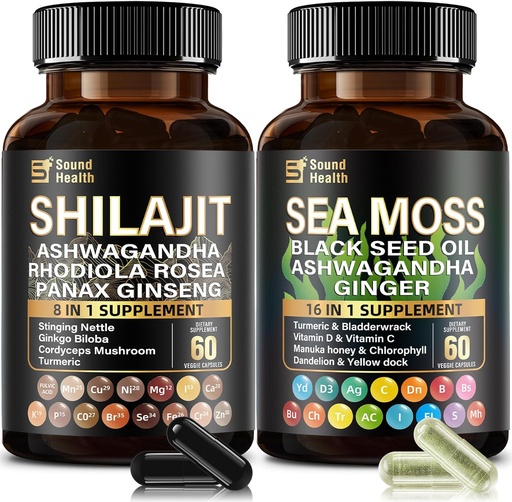 [BRSRA232CACAE2TD] SoundHealth Irish Sea Moss & Shilajit Capsule Bundle for menn og kvinner, Tredels testet, Ikke-GMO , Easy-Swallow & Vegan 120 Kapsler