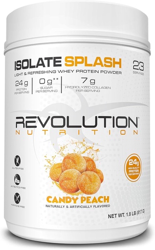 [BRSROCD6BZ4BUELB] Revolution Nutrition, Isolate Splash, Clear Whey Protein Powder, Juice-Type Protein, Candy Flavour, Collagen, 24g of Protein Per Scoop, Zero Sugar, 817g, 23 Servings (Candy Peach, 1.8 Pound)