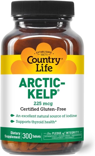 [BRSWIYQMB4PQCGTO] Country Life Arctic-Kelp – Natural Iodine Supplement for Thyroid and Immune Support – Vegan, Gluten-Free, 225 mcg – Ideal para la salud tiroidea, el hipotiroidismo y el soporte arenal, 300 Tablets