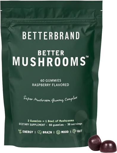 [BRSW2AAOBAMAGG3A] Betterbrand BetterMushrooms Gummies Nootropowe - Pomaga lepiej Gut Health, Funkcje poznawcze, Jasność mentalna z 10 Funkcjonalnych Mushrooms - 60 Gummies - Malina Flavor - Opakowanie 1