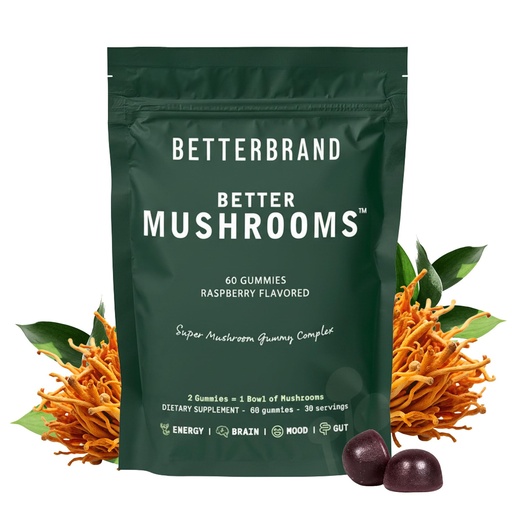 [BRSW2AAOBAMAGG3A] Betterbrand BetterMushrooms Nootropic Gummies - Supports Better Gut Health, Cognitive Function, Mental Clarity with 10 Functional Mushrooms - 60 Gummies - Raspberry Flavor - Pack of 1