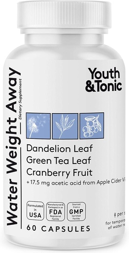 [BRSWY234O4OQEGTP] Youth & Tonic Natural Water Weight Away - Urte Diuretic Pills for Bloating, Water Retention & Hævelse Support til kvinder & mænd - 60 Caps med Mælkebøtte, Kalium, Green Tea & Apple Cider Vincils
