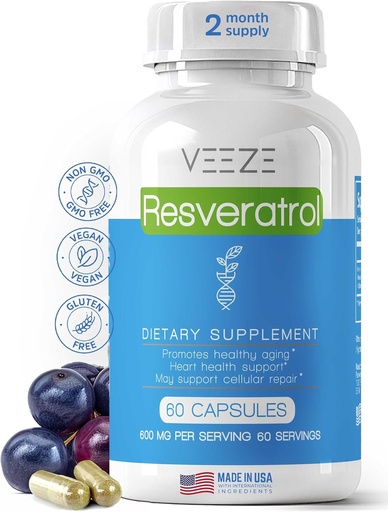 [BRSROCQTA57AY3T7] VEEZE Resveratrol Допълнение 600mg 60 капсули & 60 Сервиз - Made in USA Natural & Organic Resveratrol - Богата на антиоксиданти и Trans Resveratrol за добра поддръжка - Premium Organic Resveratrol