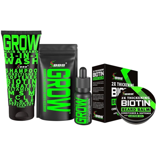 [BRSRMFLYPN5BSADX] Beard Growth Kit w/ 2X Biotin Beard Balm for Men & Mustache Wax + GROW 11-in-1 Mens Shampoo & Conditioner (Hair Growth Shampoo for Men w/Biotin) + GROW Facial Hair Growth Oil (Made in America)