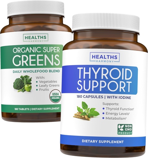 [BRSRAYD4OICQ43L5] Super Greens & Thyroid Support (3-Month Supply) Thyroid Vitality Bundle of Organic Super Greens Powder - Complete Superfood (180 Capsules) & Thyroid Support for Men and Women (Non-GMO)(180 Capsules)