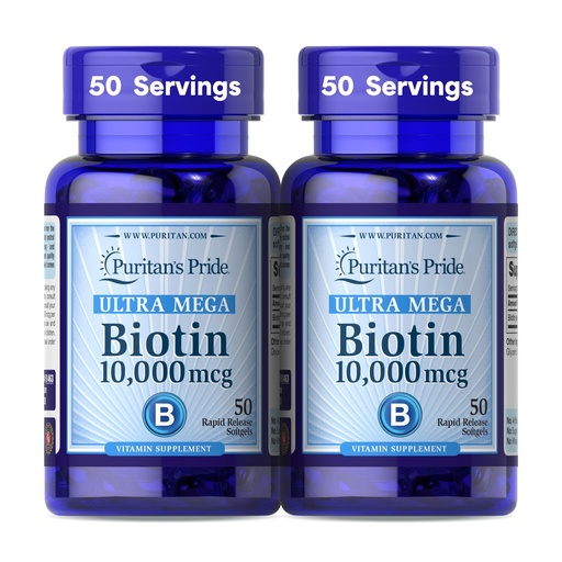 [BRSW2CYECUPBOC3D] Puritan's Pride Premium Ultra Mega Biotin 10,000mcg, Dietary Supplement for Healthy Hair, Skin, Nails, and Energy Metabolism Support, 100 Day Supply, 50 Rapid Release Softgels, 2 Pack