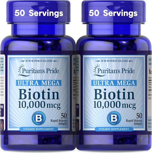 [BRSW2CYECUPBOC3D] Puritan의 Pride Premium Ultra Mega Biotin 10,000mcg, 건강한 머리, 피부, 못 및 에너지 대사 지원, 100 일 공급, 50 급속한 방출 Softgels, 2 팩을 위한 규정식 보충교재
