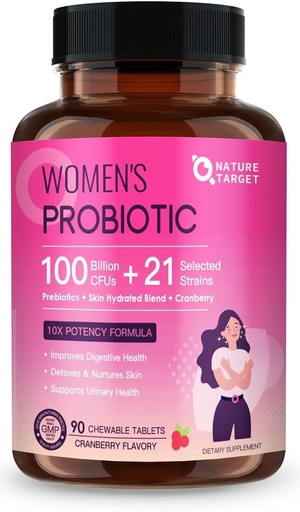 [BRSROCA3CJ5QI3T4] NATURE TARGET Probiotics for Women Digestive Health with 100 Billion CFUs, Womens Probiotic for Gut Health & Immune Support, Skin Care, with Cranberry & D-mannose, 90 Chewable Tablets (45 Day Supply)