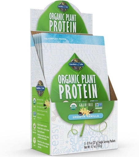 [BRSWIAAEOJ6GYE36] Garden of Life Organic Plant Protein Smooth Vanilla Powder - Single Serving Packets (5-Pack) - Vegan, Grain Free & Gluten Free Plant Based Protein Shake with 1B CFU Probiotics & Enzymes, 15g Protein