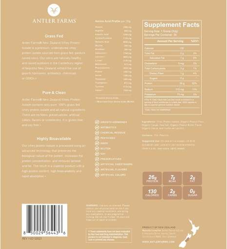 [BRSRO2T3PJ5RQDLH] Antler Farms - 100% Grass Fed New Zealand Whey Protein Isolate, Peanut Butter Chocolate Flavor, 2 libras - Puro y Limpio, 7 ingredientes, frío procesado